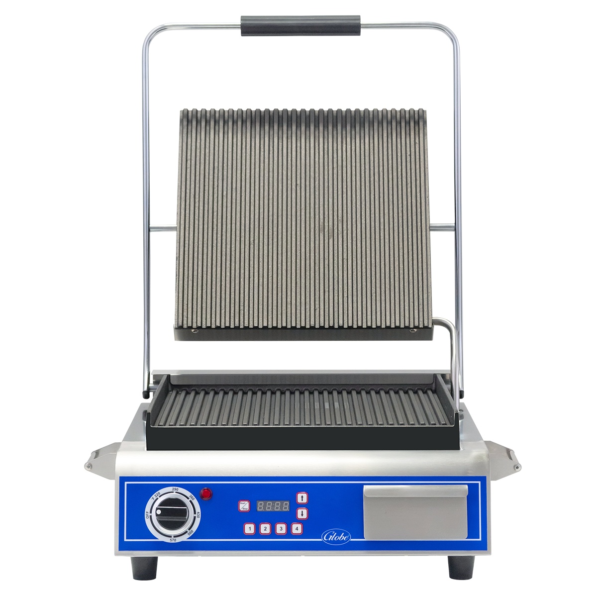 Front view of Globe GPG14D panini grill with grooved cast iron plates