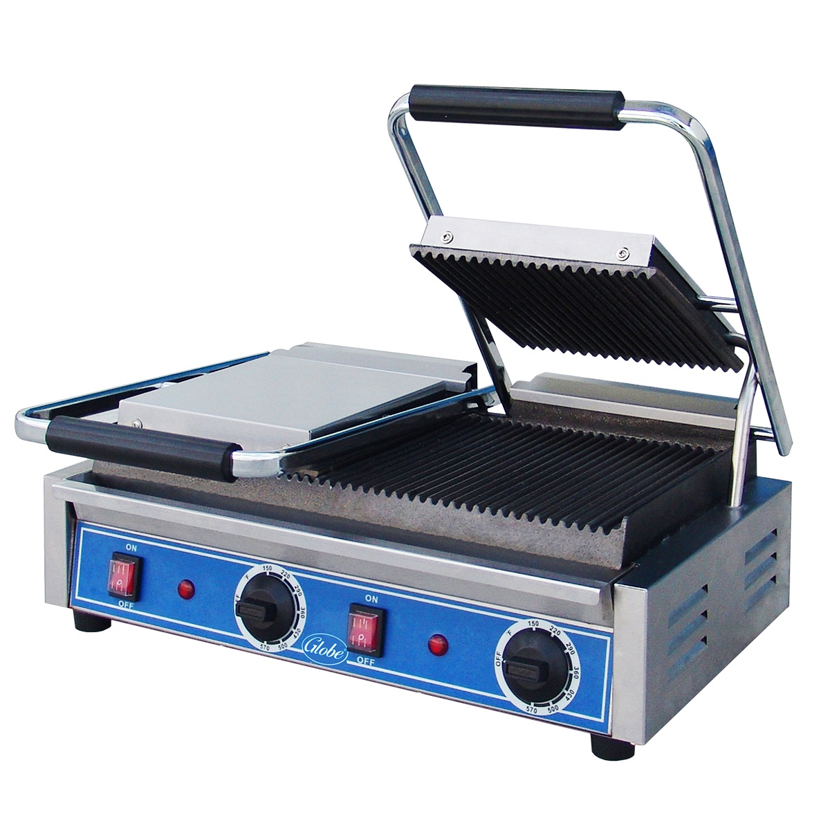 Globe GPGDUE10 double panini grill with grooved cast iron plates