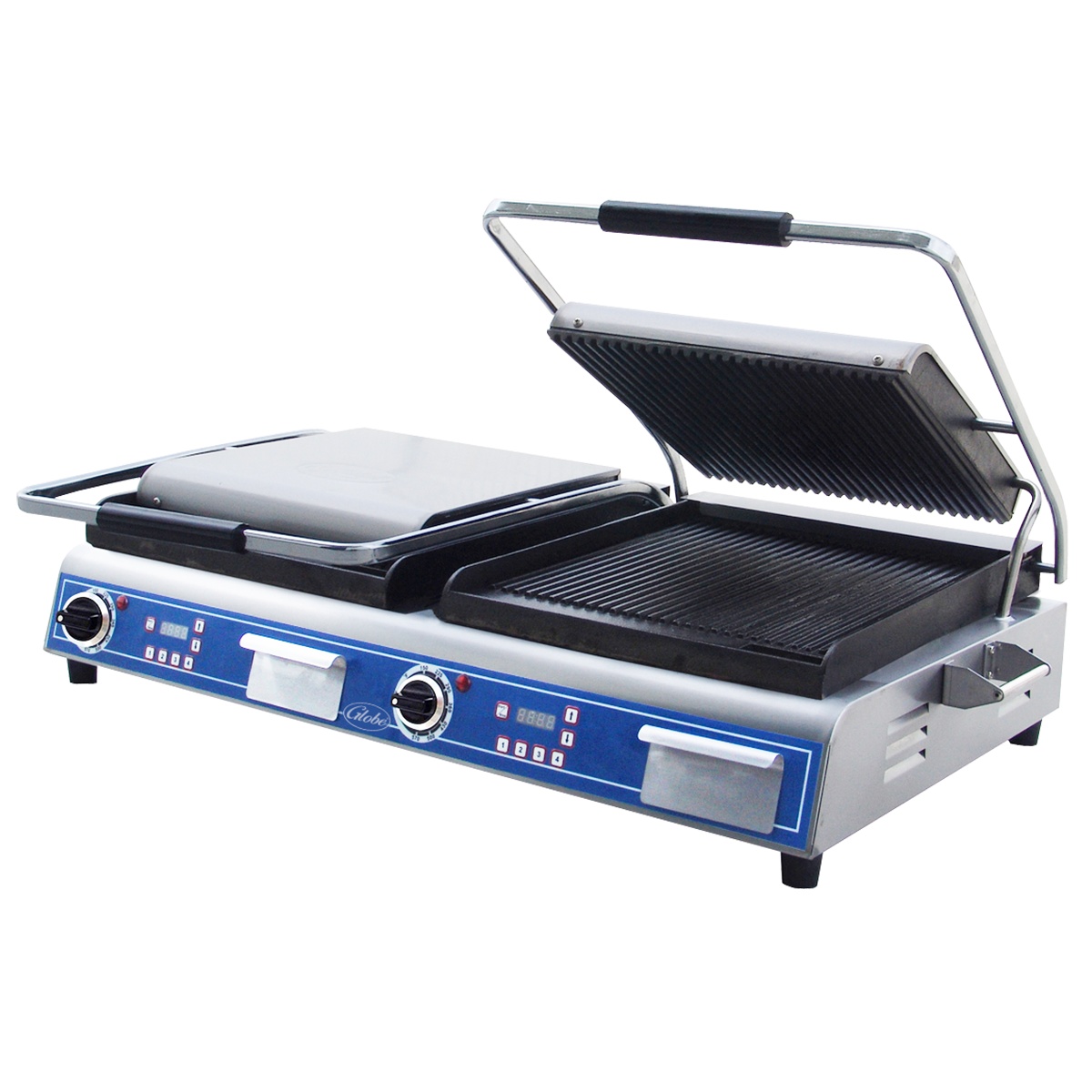 Globe GPGDUE14D double panini grill with grooved cast iron plates and dual controls