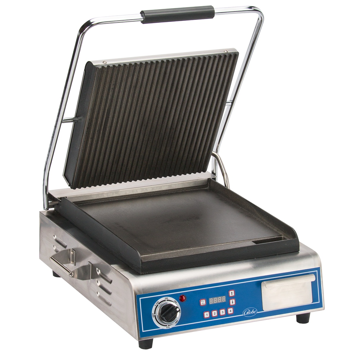 Globe GPGS14D panini grill with grooved upper plate and smooth lower plate