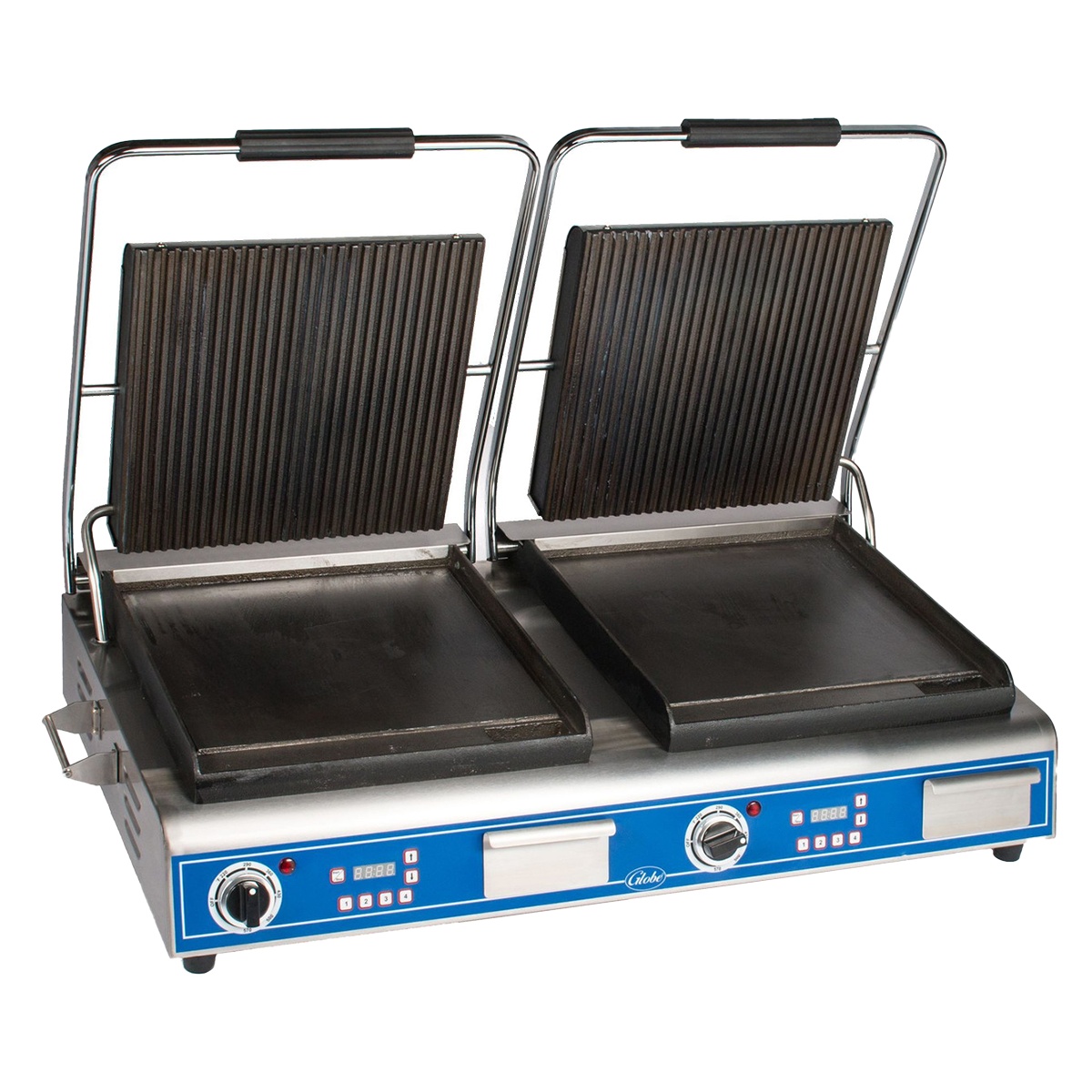 Globe GPGSDUE14D double panini grill with grooved upper plates and smooth lower plates
