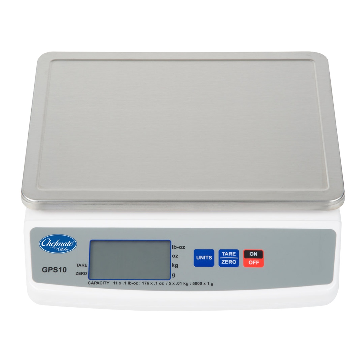 Globe GPS10 Chefmate digital portion control scale with stainless steel platter and LCD display showing unit modes