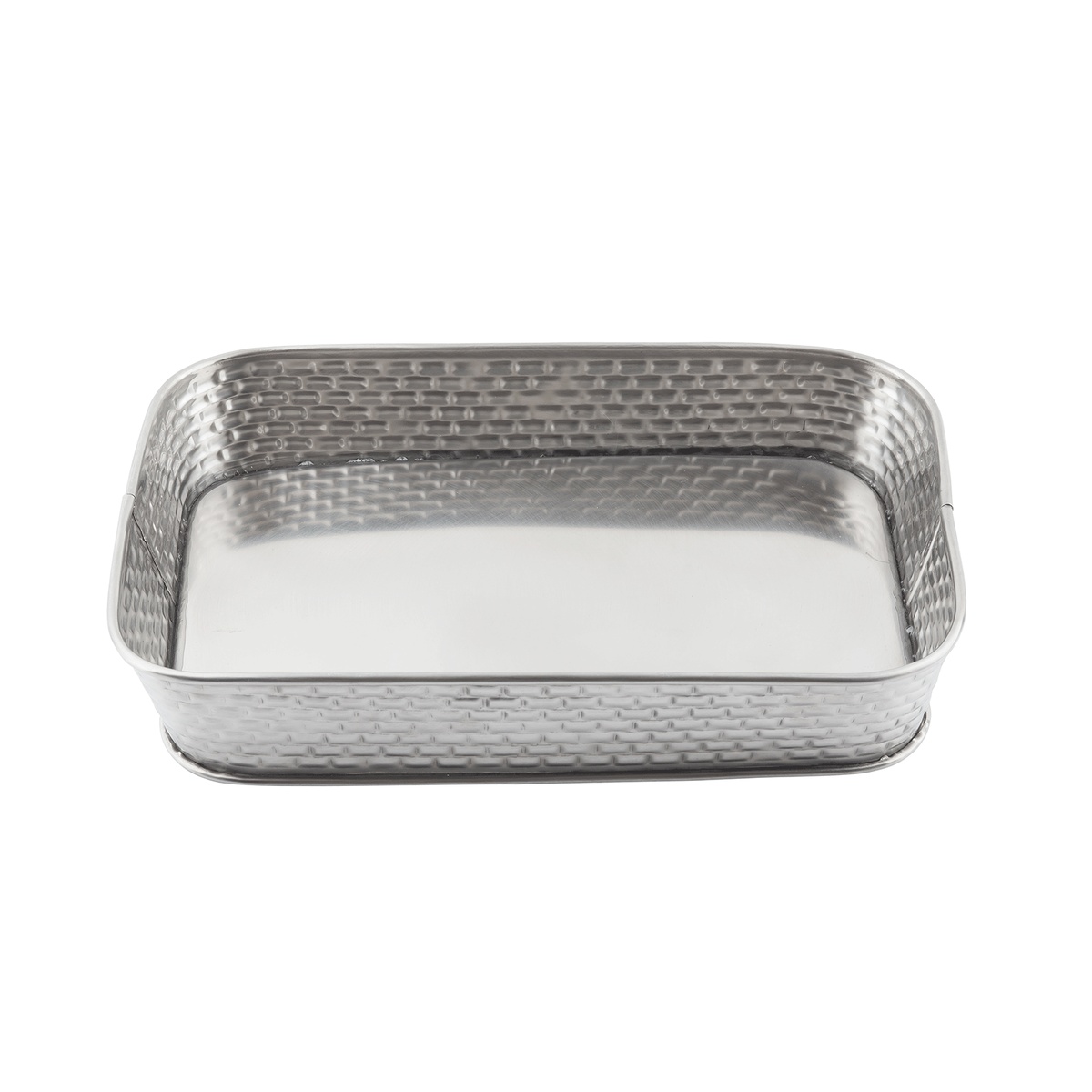 TableCraft GPSS90 stainless steel rectangular diner platter with embossed brick pattern on white background