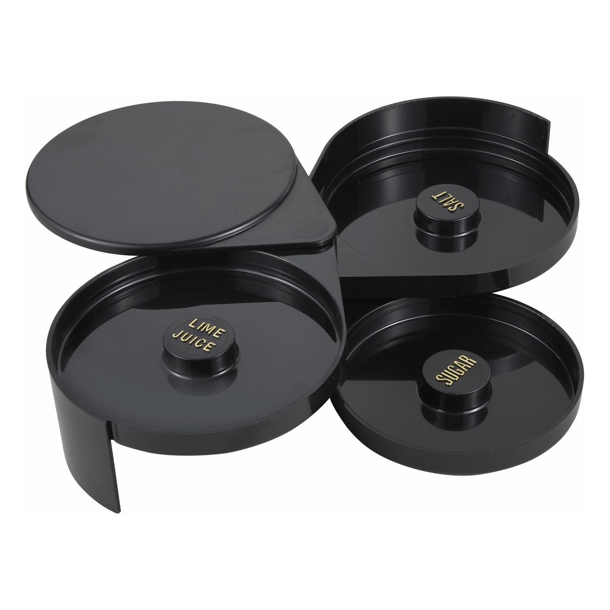 Winco GR-3 black plastic 3-tier glass rimmer expanded open showing labeled Salt, Lime Juice, and Sugar rotating trays