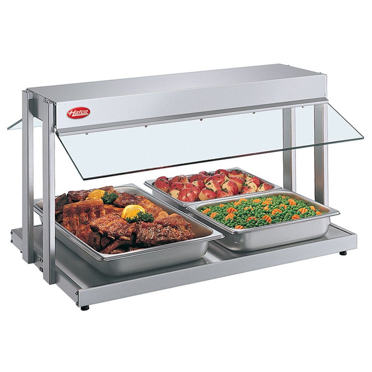 Hatco GRBW-36 Glo-Ray buffet warmer with sneeze guard and three food pans loaded with meat and vegetables