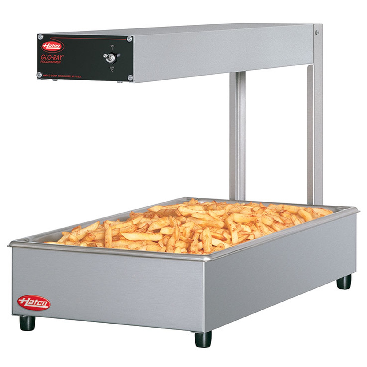 Hatco GRFF Glo-Ray Portable Foodwarmer with french fries in a full-size food pan under overhead infrared heating element