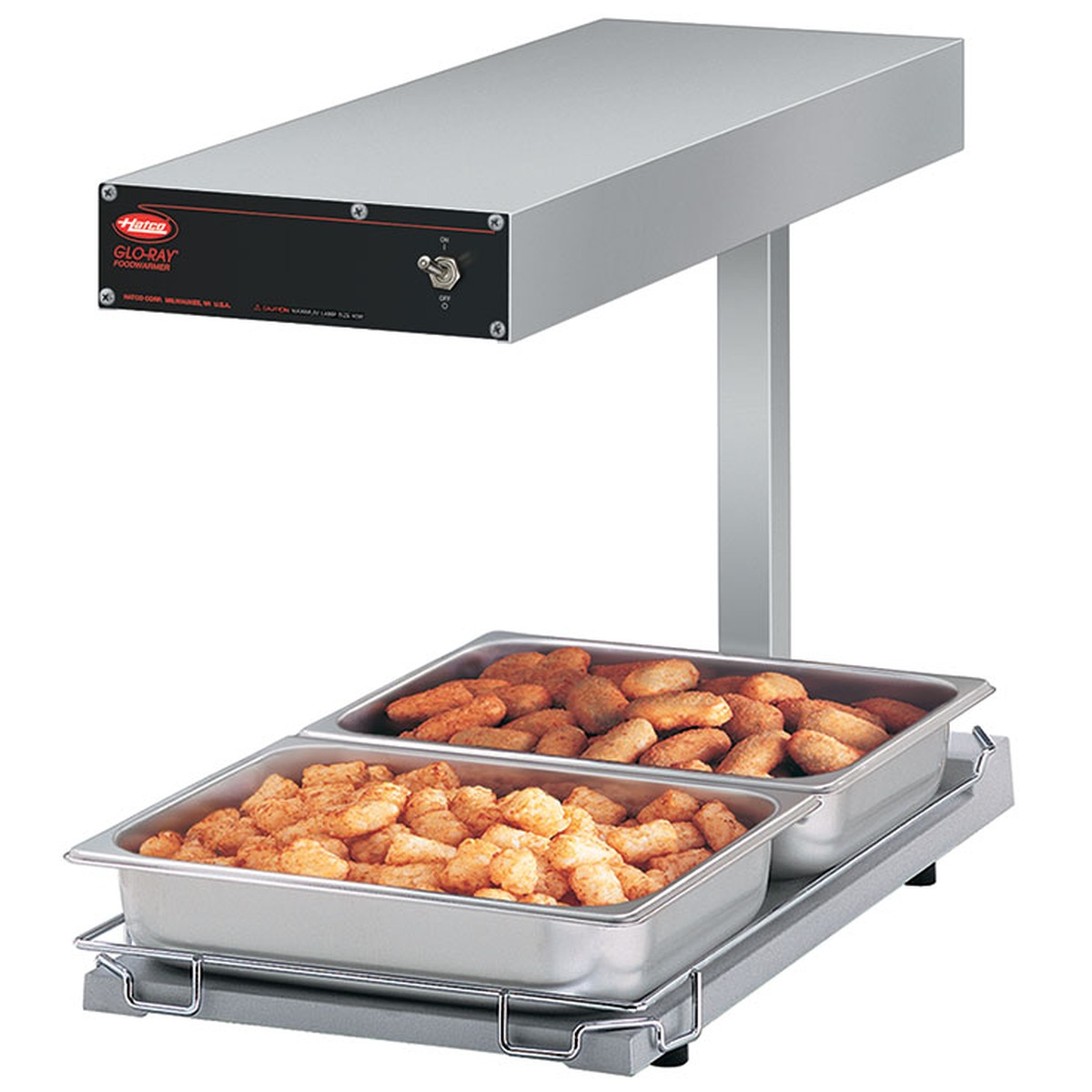 Hatco GRFFBL Glo-Ray Portable Foodwarmer with two stainless steel food pans holding fried food under overhead infrared heating element