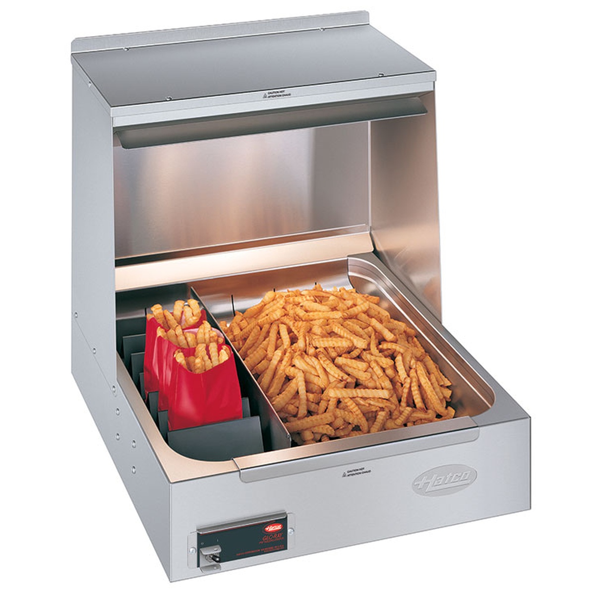 Hatco GRFHS-21 Glo-Ray Portable Fry Holding Station with french fries and red serving cups inside the stainless steel unit