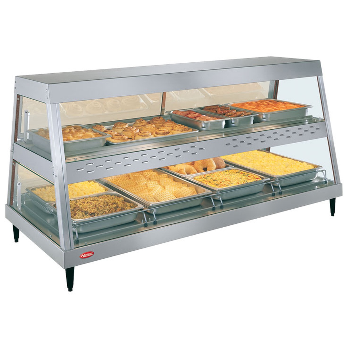 Hatco GRHD-3P Glo-Ray heated display case filled with pastries, waffles, and hot food items on two illuminated shelves