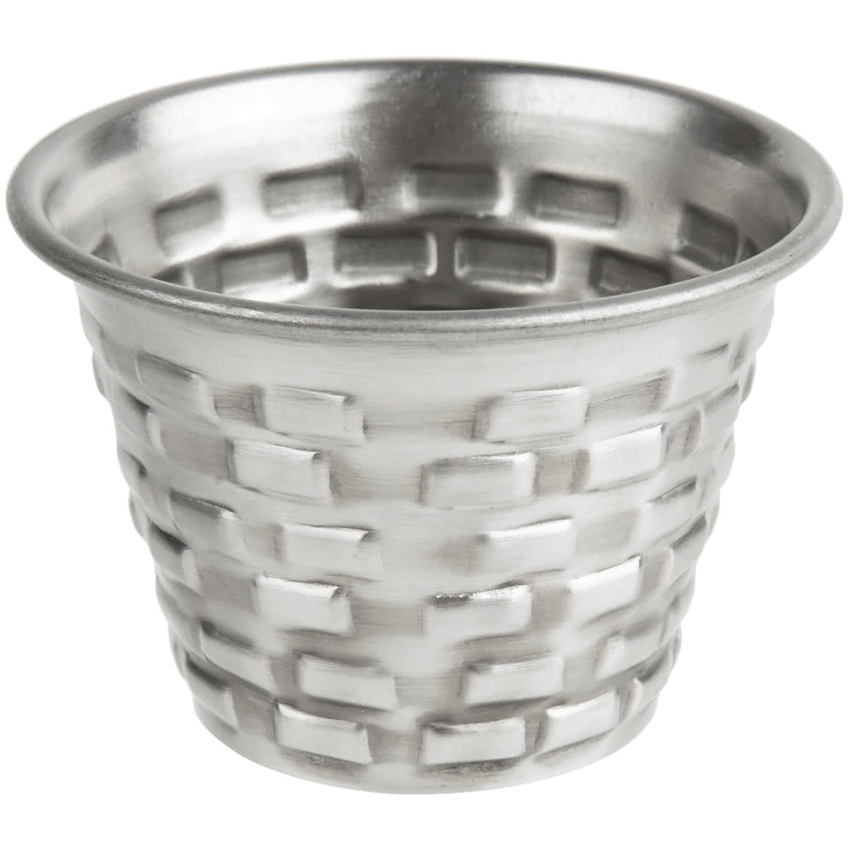 TableCraft GRSS2 Brickhouse 2.5 oz stainless steel ramekin, front view showing imprinted brick pattern exterior