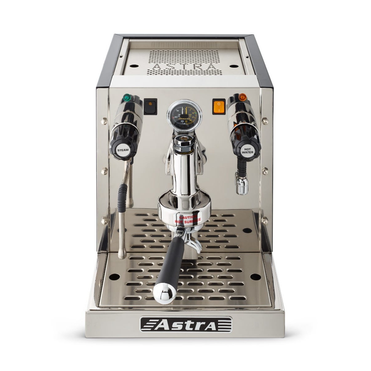 Astra GS 022 espresso machine front view showing steam wand, hot water wand, pressure gauge, and Astra branded drip tray