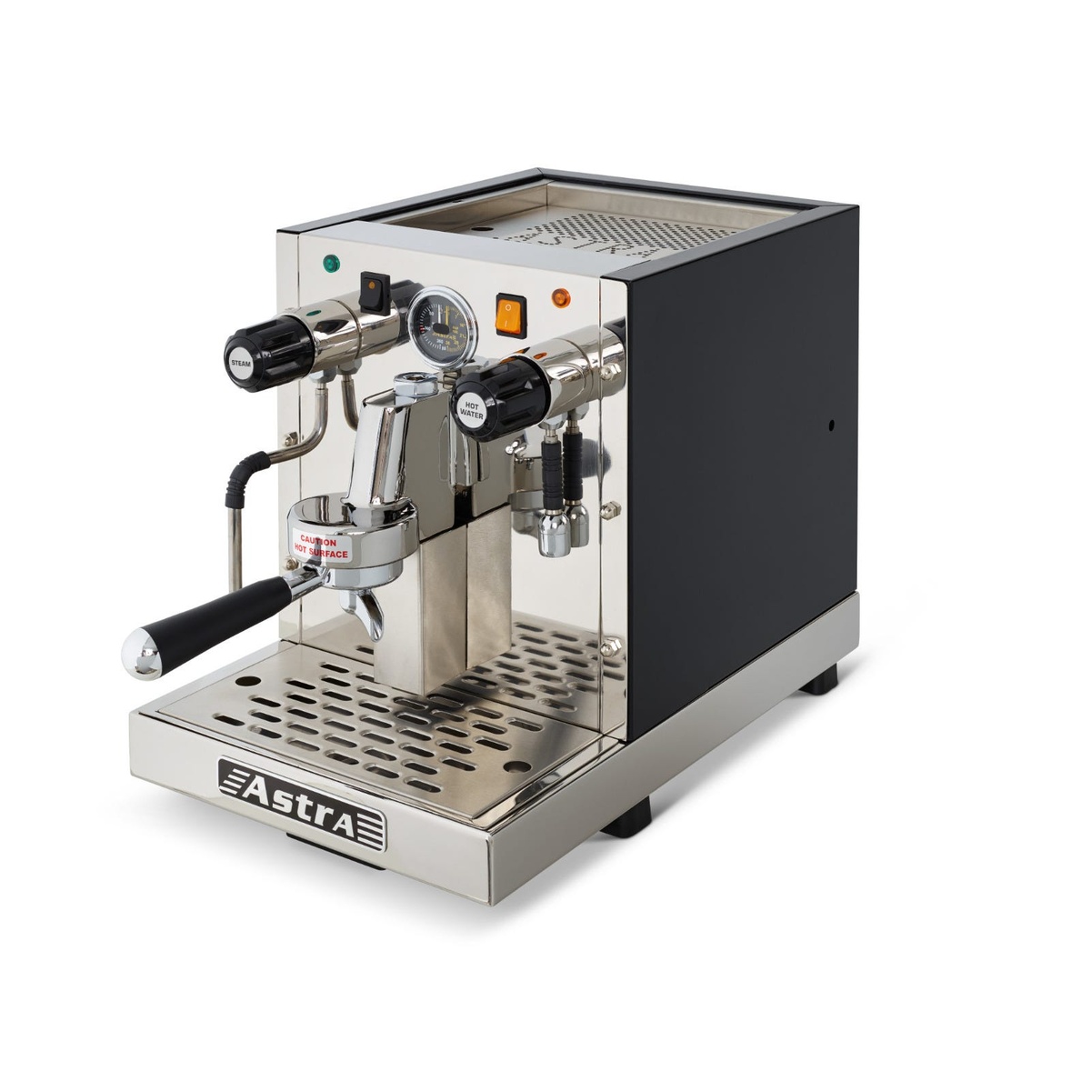 Astra GS 022 espresso machine with black side panel, angled three-quarter view showing steam wand, hot water dispenser, and pressure gauge