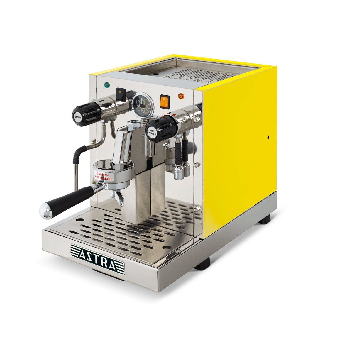 Astra GS 022 espresso machine with yellow side panel, angled three-quarter view showing chrome front, steam wand, and drip tray