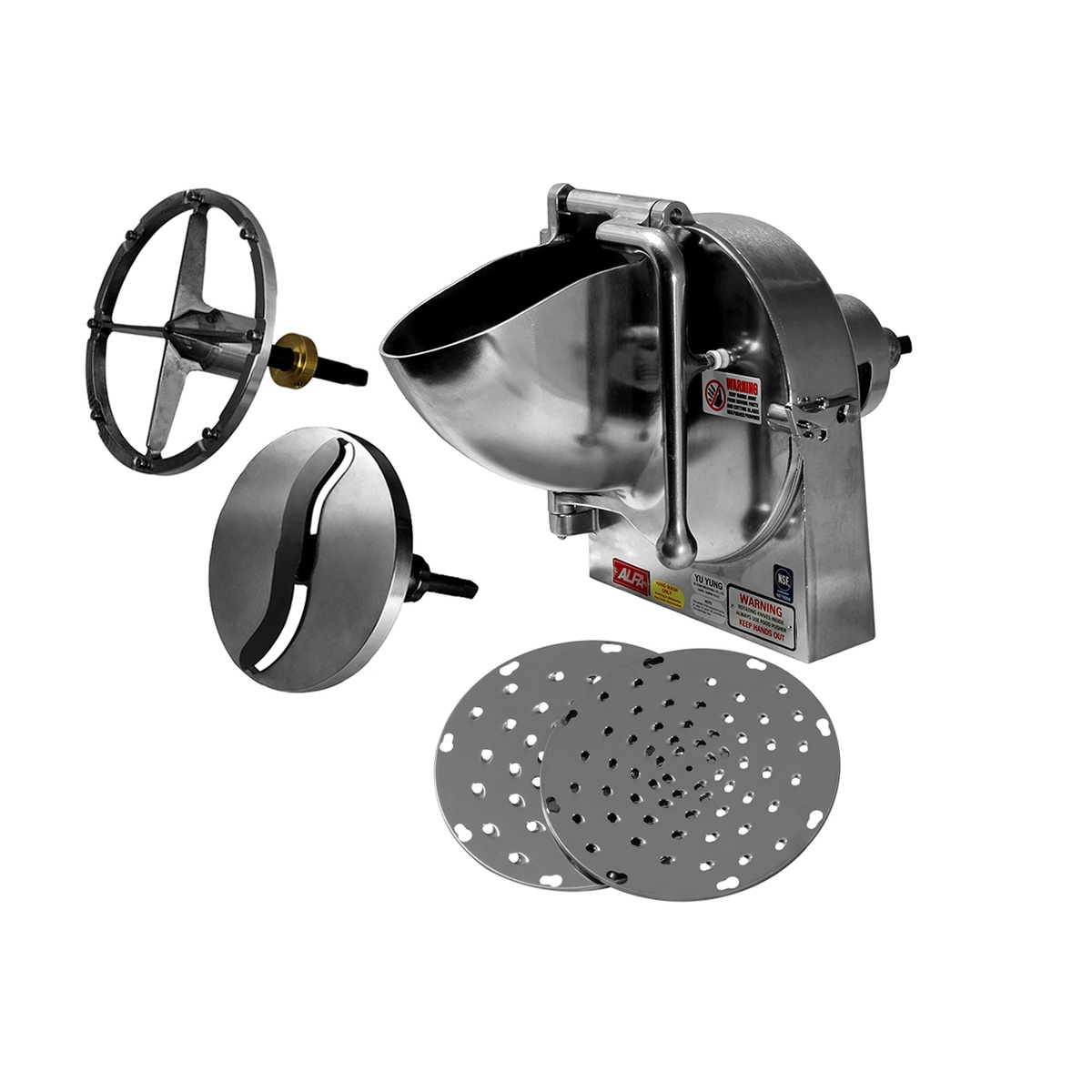 Alfa International GS-12 grater shredder attachment with aluminum housing, shredding discs, cover, and pusher assembly
