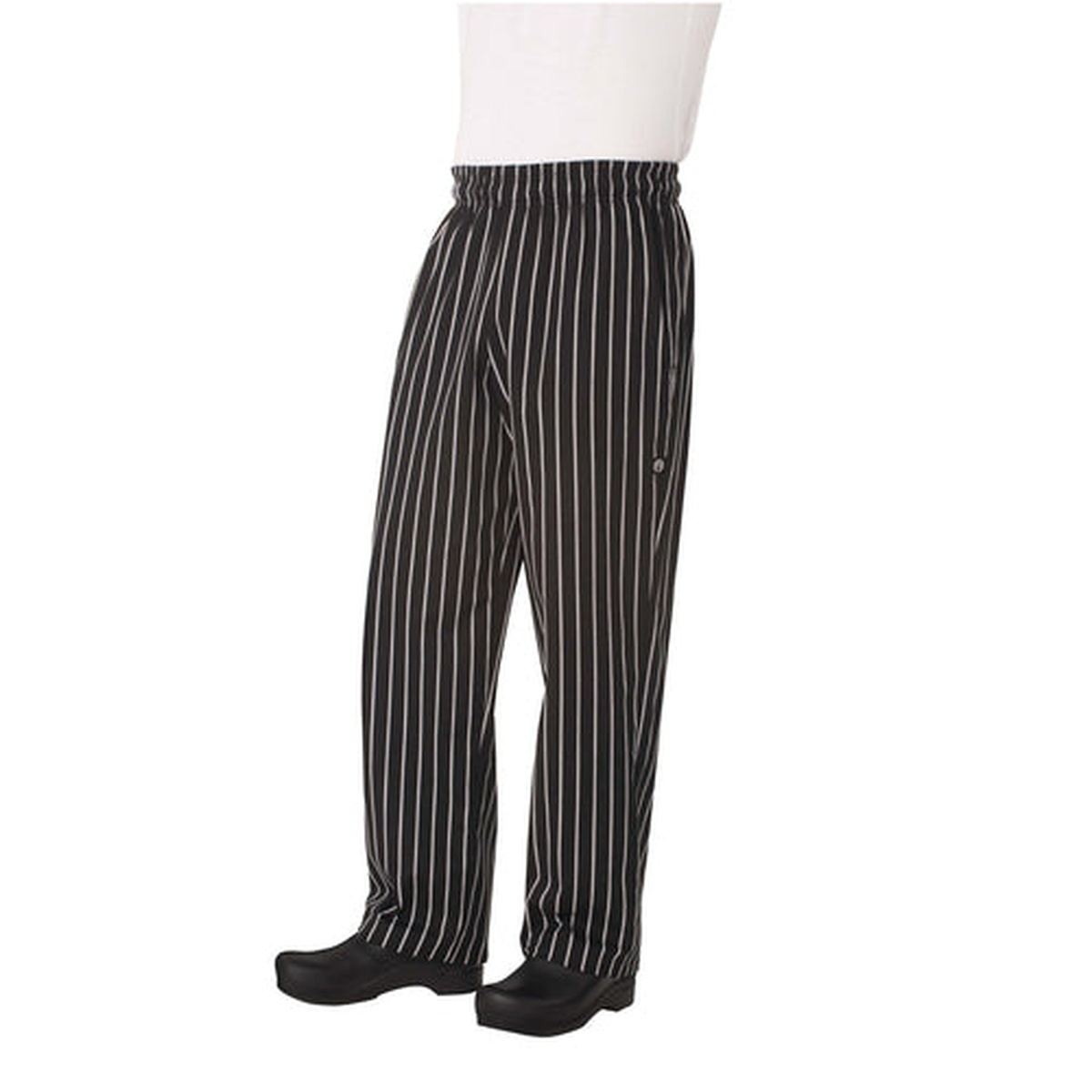Chef Works Designer Baggy Pants in black with chalk stripes, tapered legs and elastic waistband