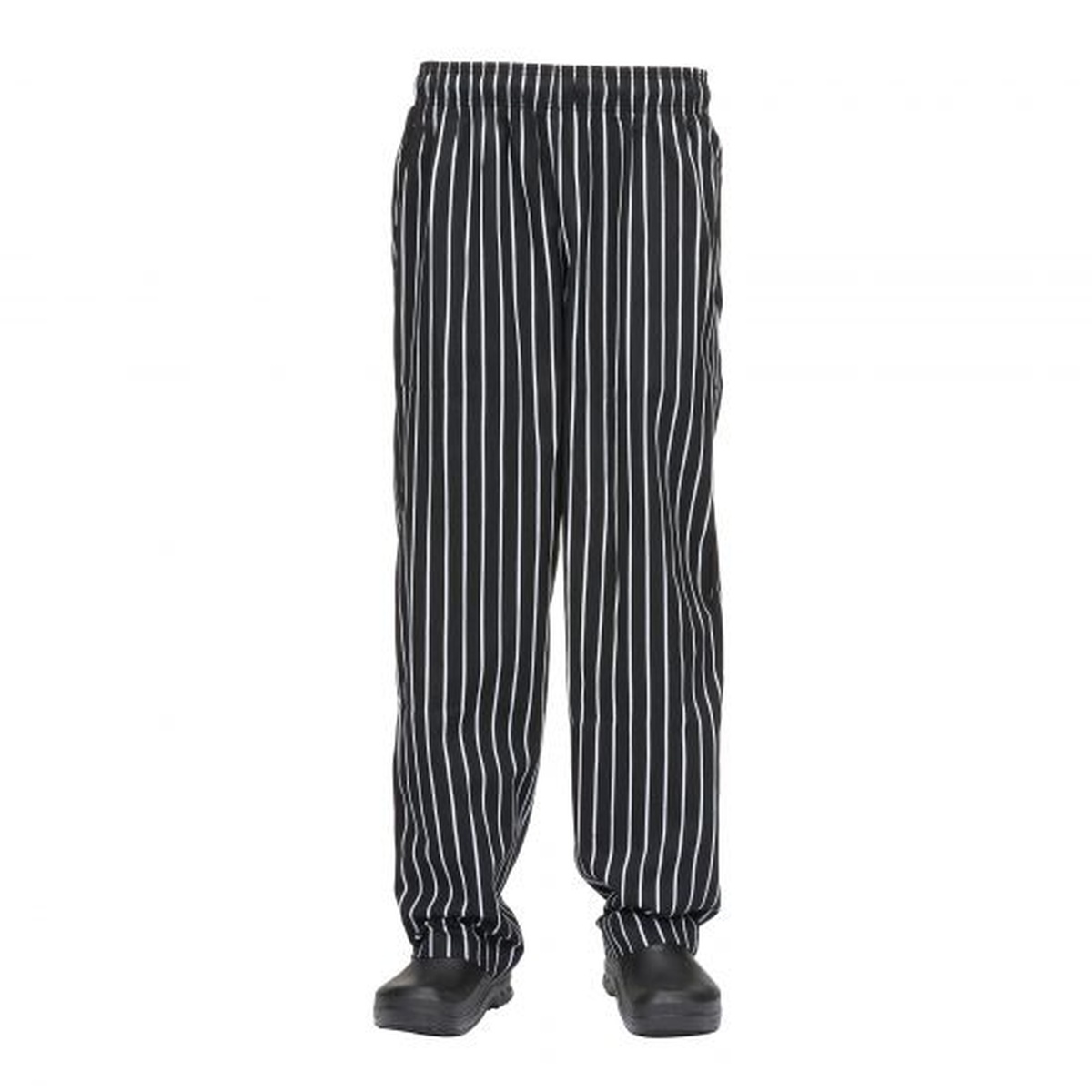 Chef Works GSBP000XL chalk stripe designer baggy chef pants in black with white vertical stripes