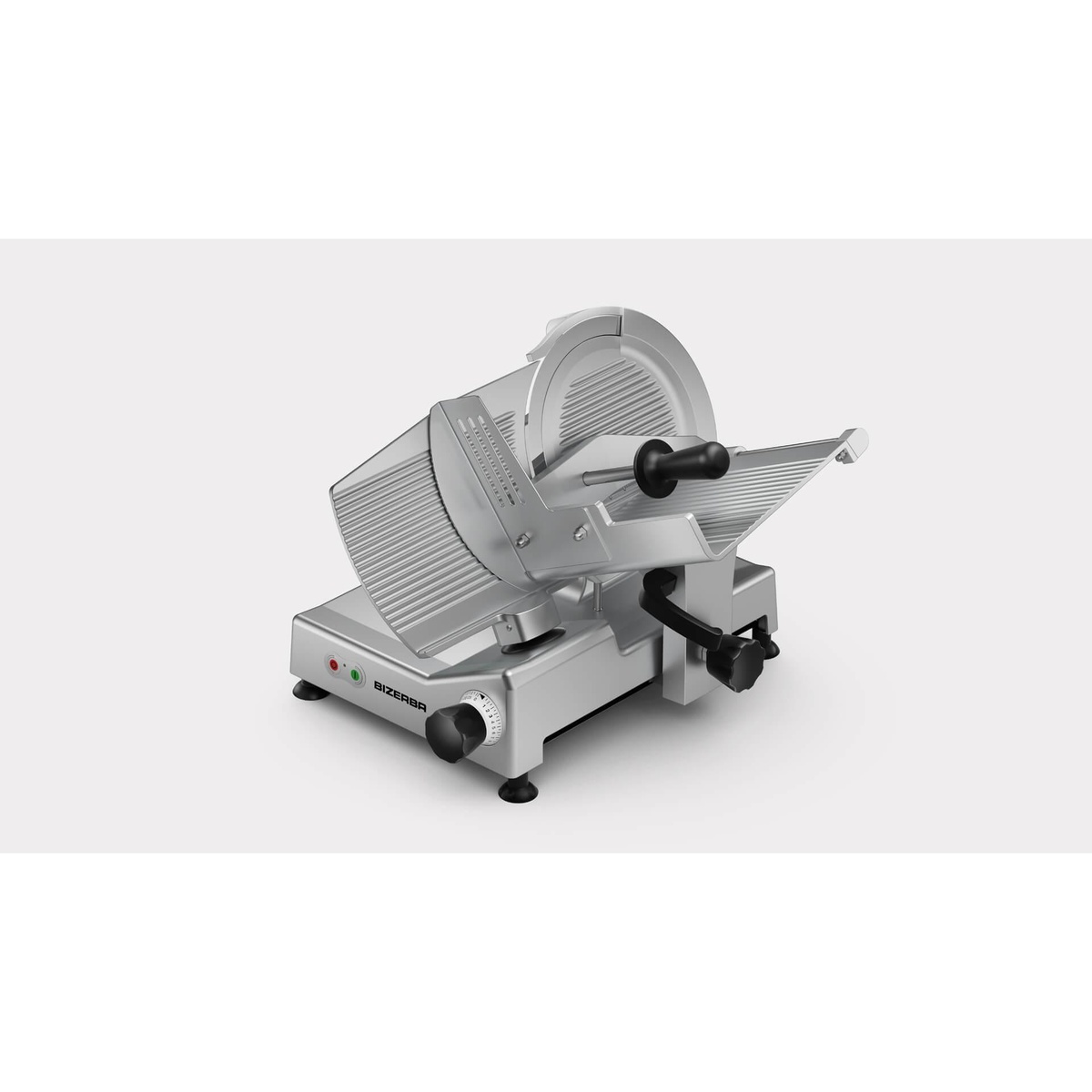 Angled view of Bizerba GSE-12 manual gravity feed slicer showing carriage and product holder
