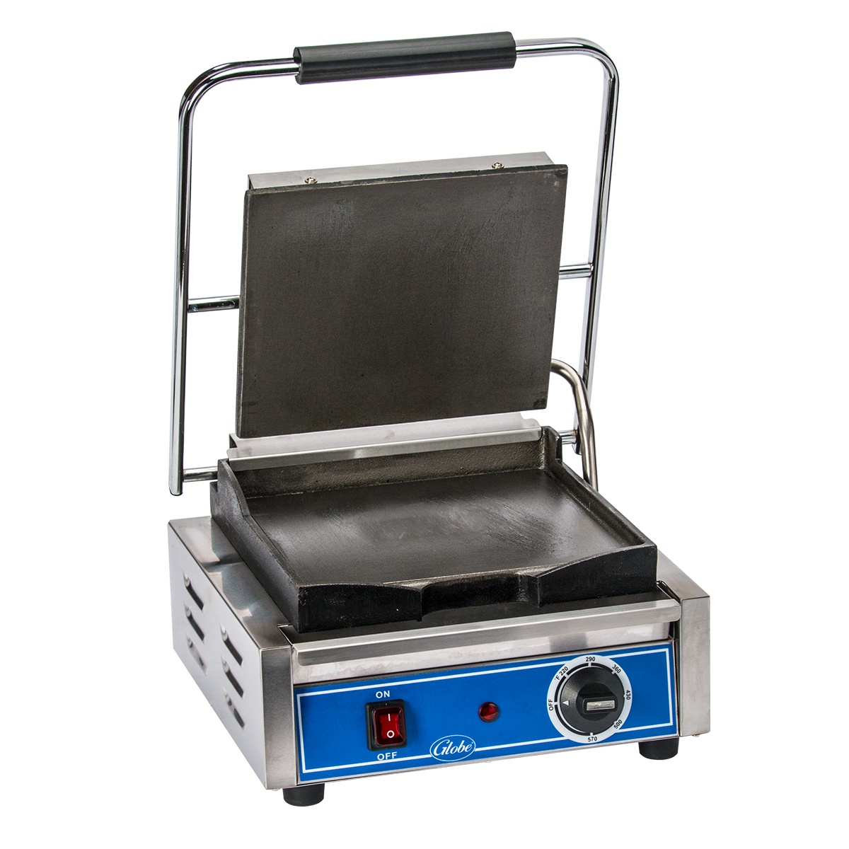 Globe GSG10 countertop panini grill with smooth cast iron plates