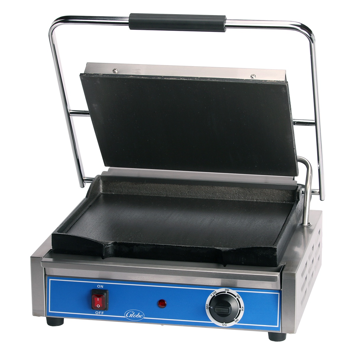 Globe GSG1410 countertop panini grill with smooth cast iron plates