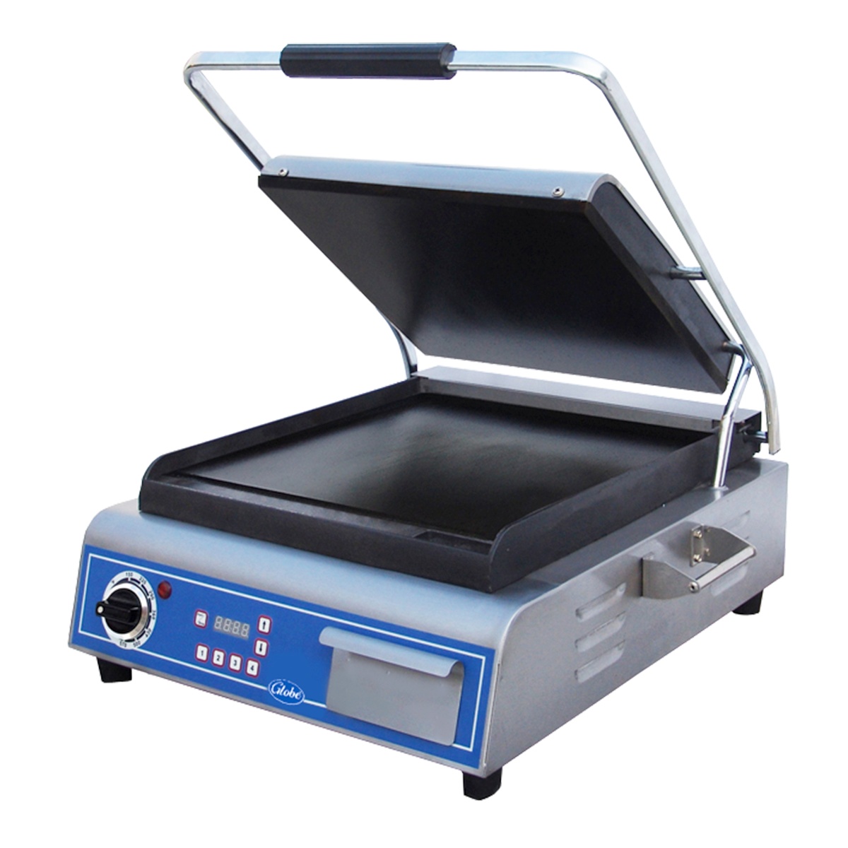 Globe GSG14D panini grill with lid open and smooth cast iron cooking surface