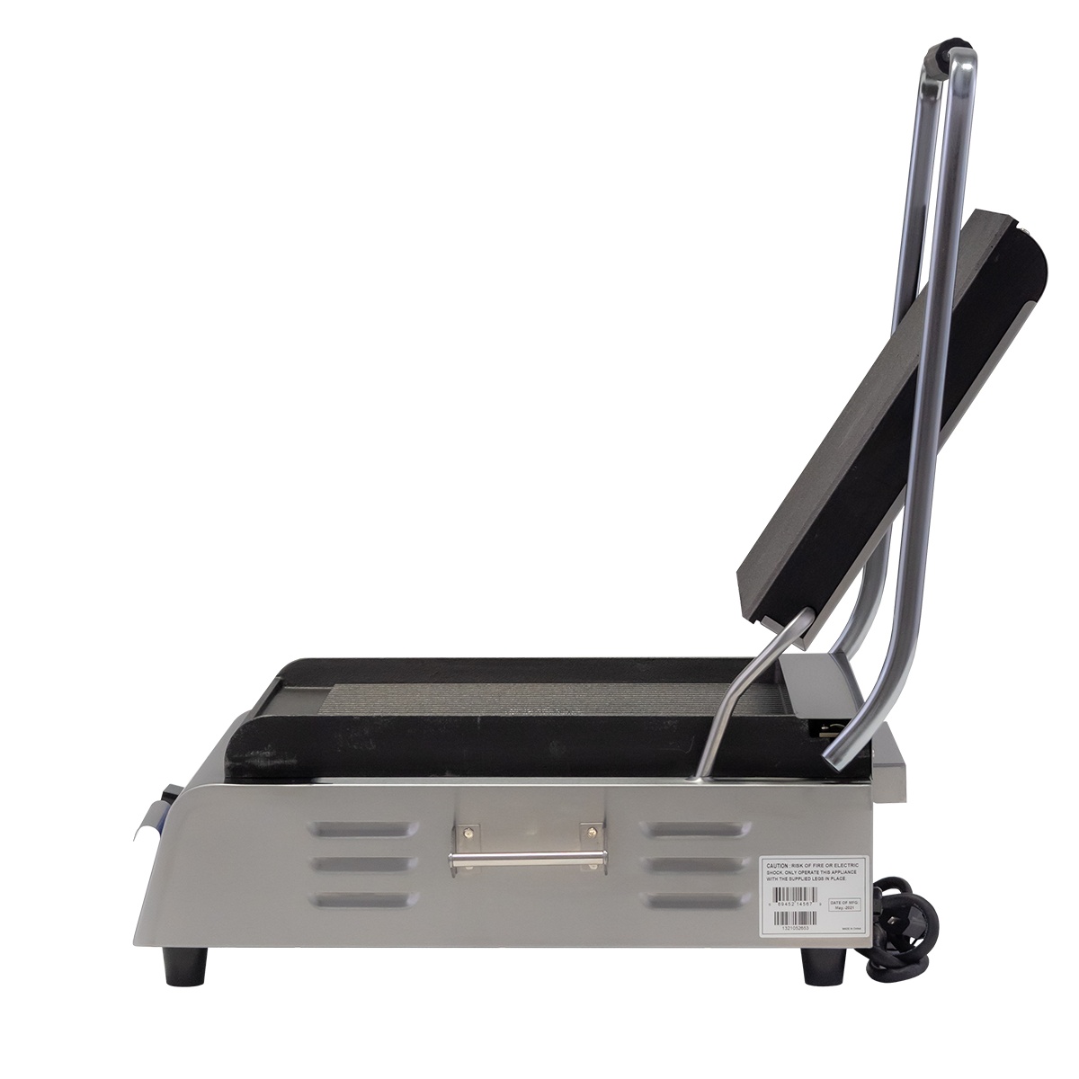 Side view of Globe GSG14D panini grill showing spring hinge and stainless steel body