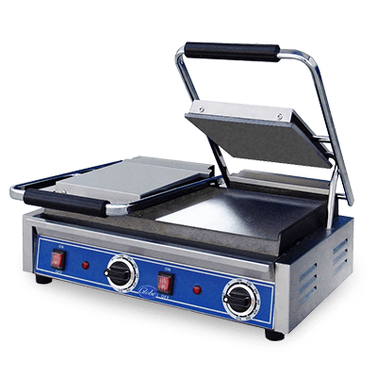 Globe GSGDUE10 double panini grill with two top plates and a continuous bottom plate