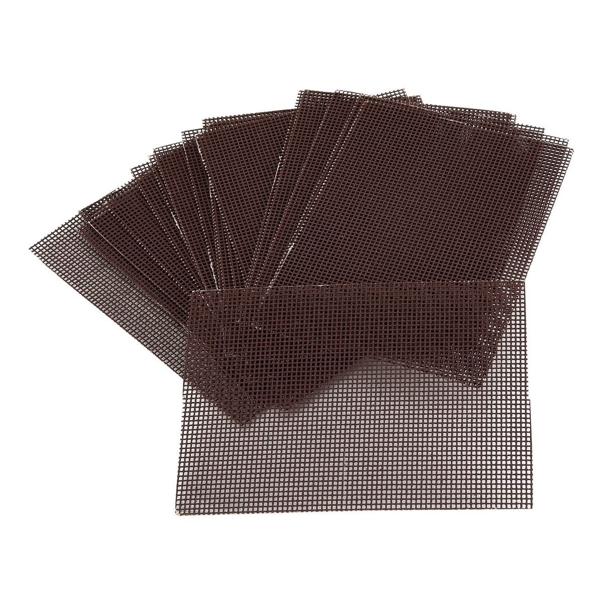 Multiple Winco GSN-4 brown aluminum mesh griddle screens fanned out on white background