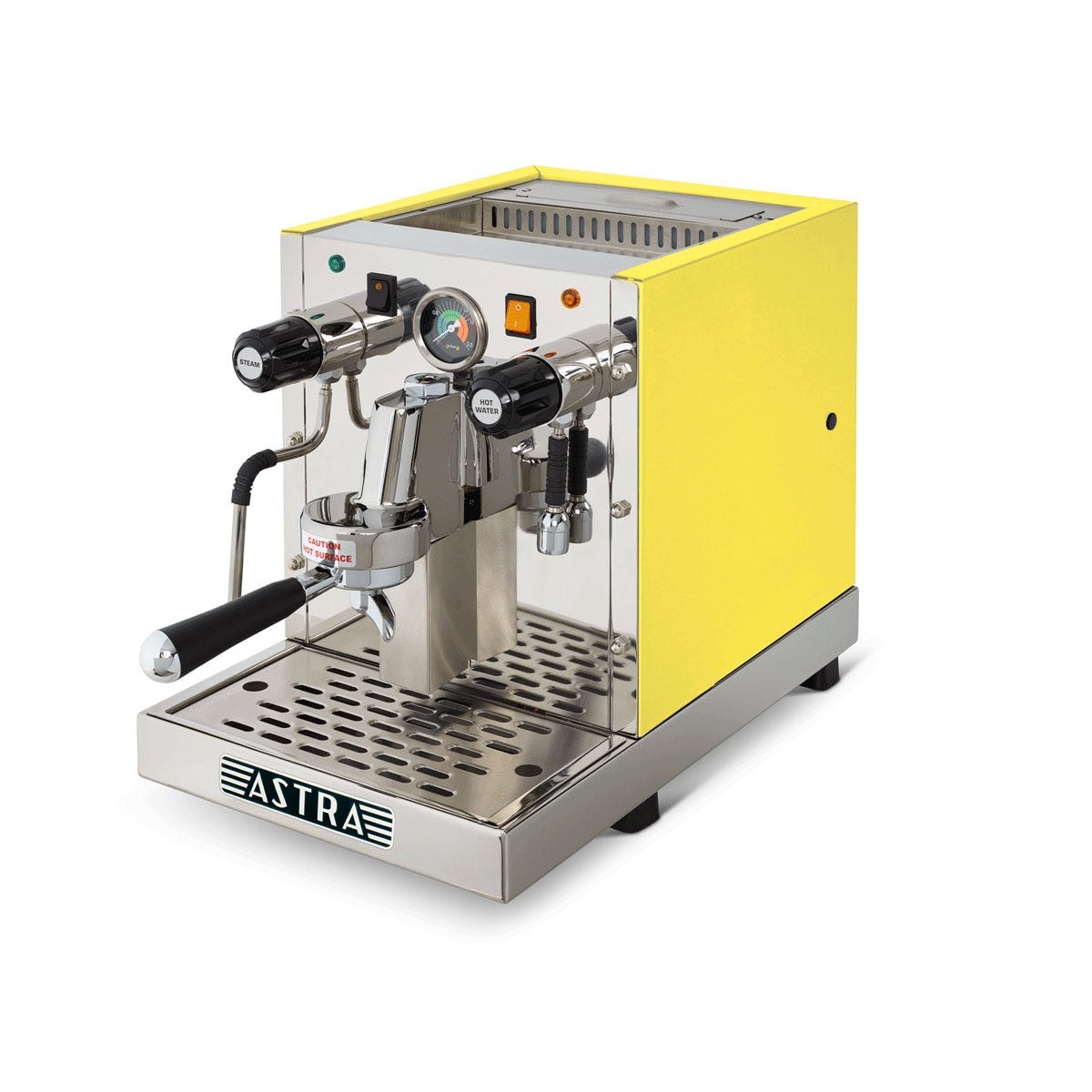 Astra GSP 023-1 semi-automatic pourover espresso machine in yellow color option, angled front view