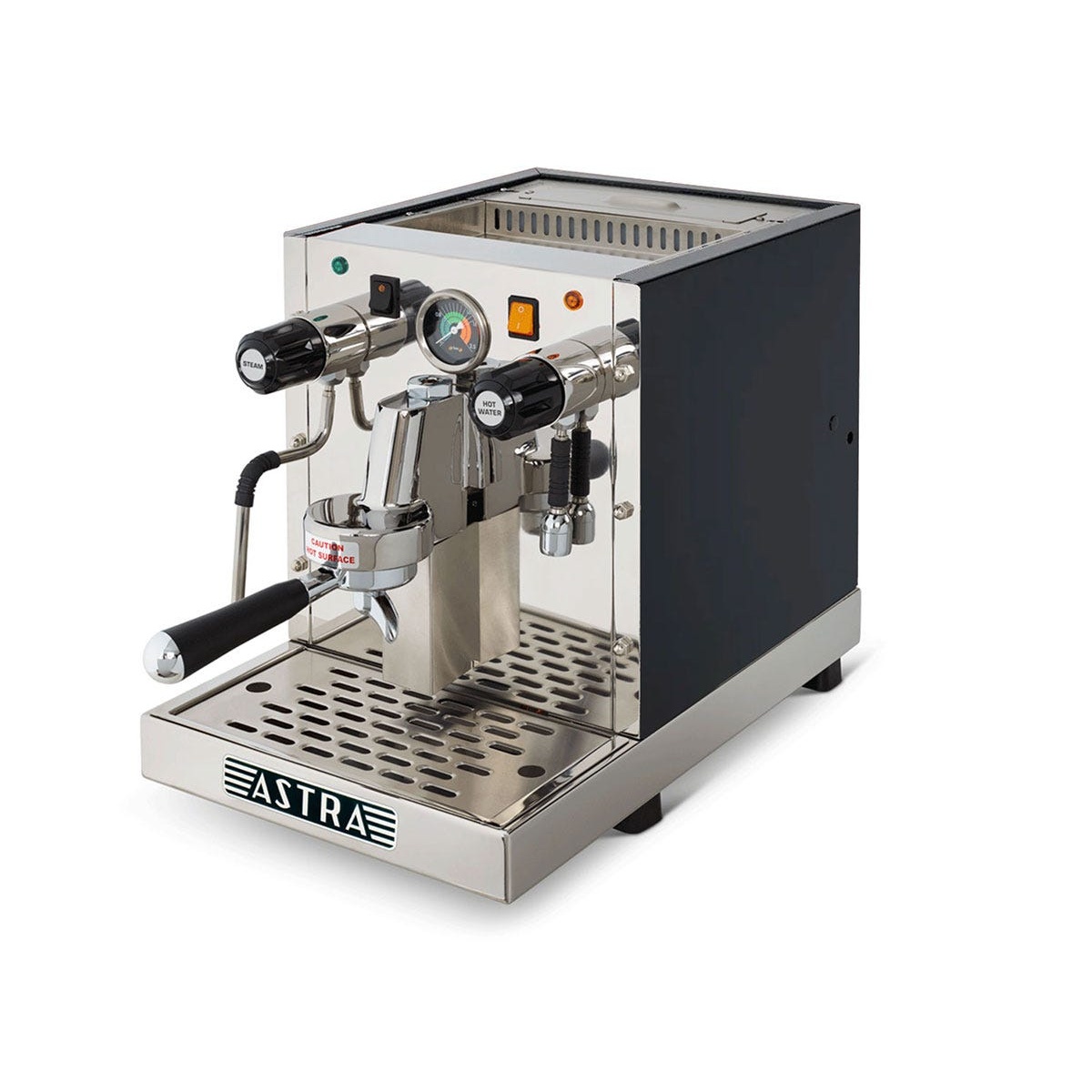 Astra GSP 023-1 semi-automatic pourover espresso machine in stainless steel and black, angled front view
