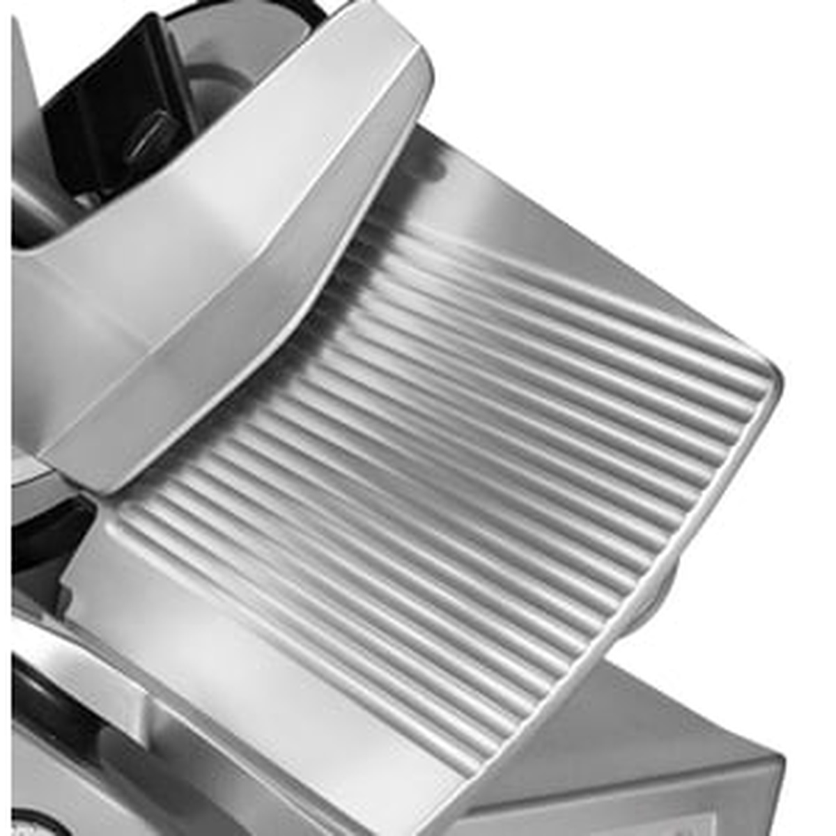 Close-up of Bizerba slicer product tray and surface