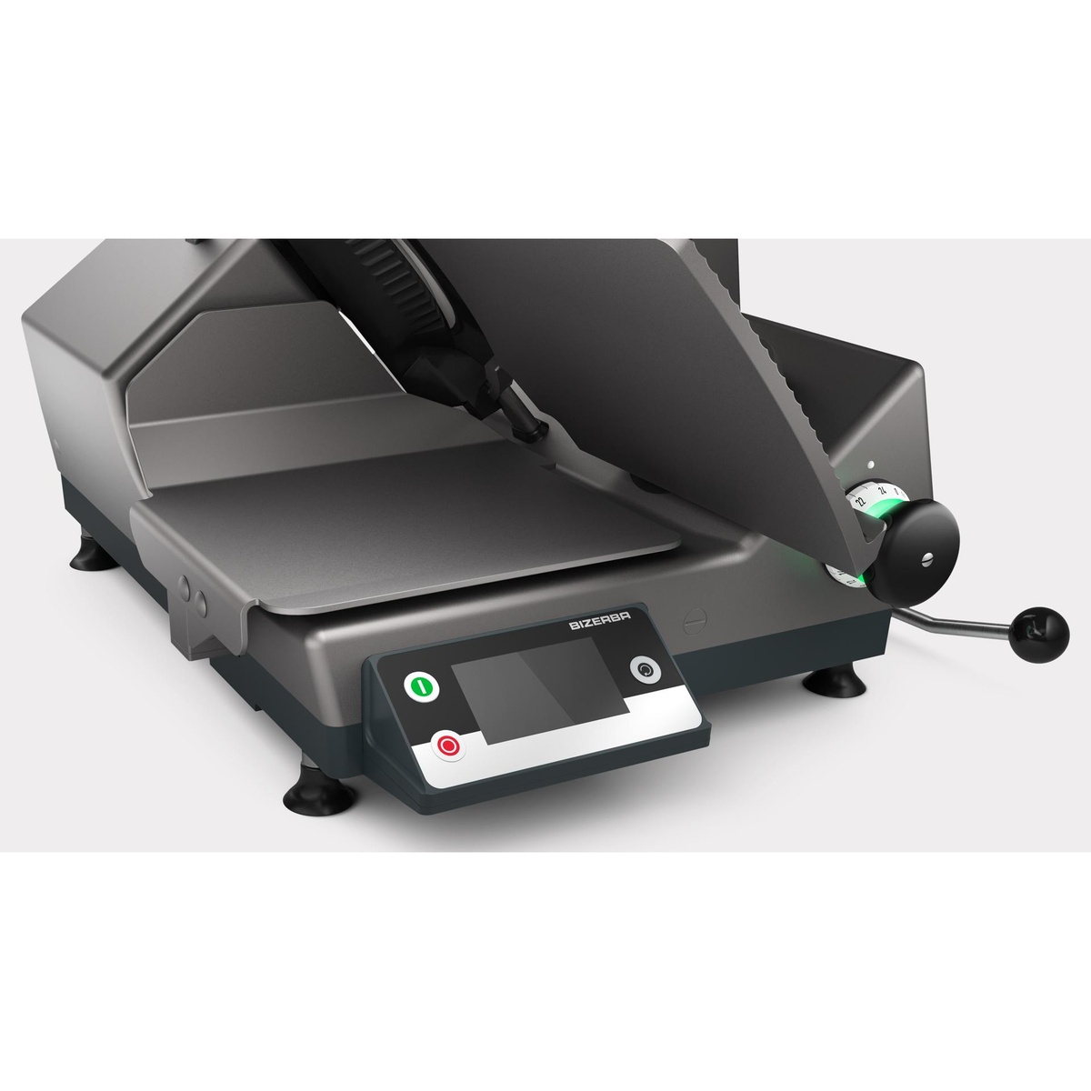 Close-up of Bizerba GSP HD I 90 slicer control panel and illuminated adjustment dial