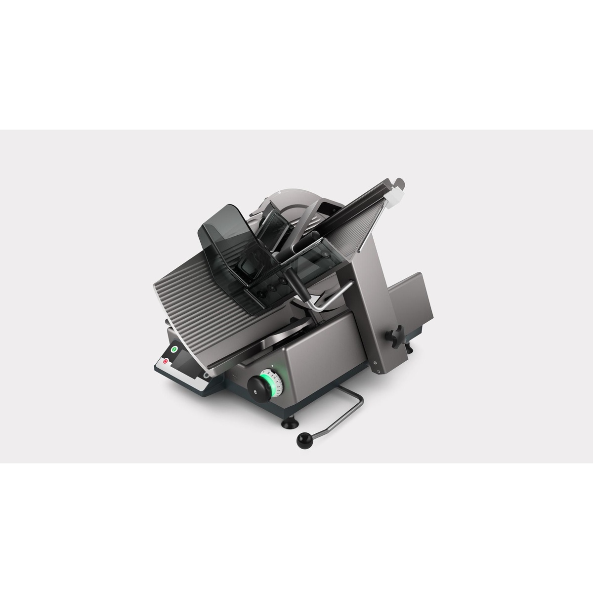 Angled view of Bizerba GSP HD I 90 slicer showing carriage and safety guard