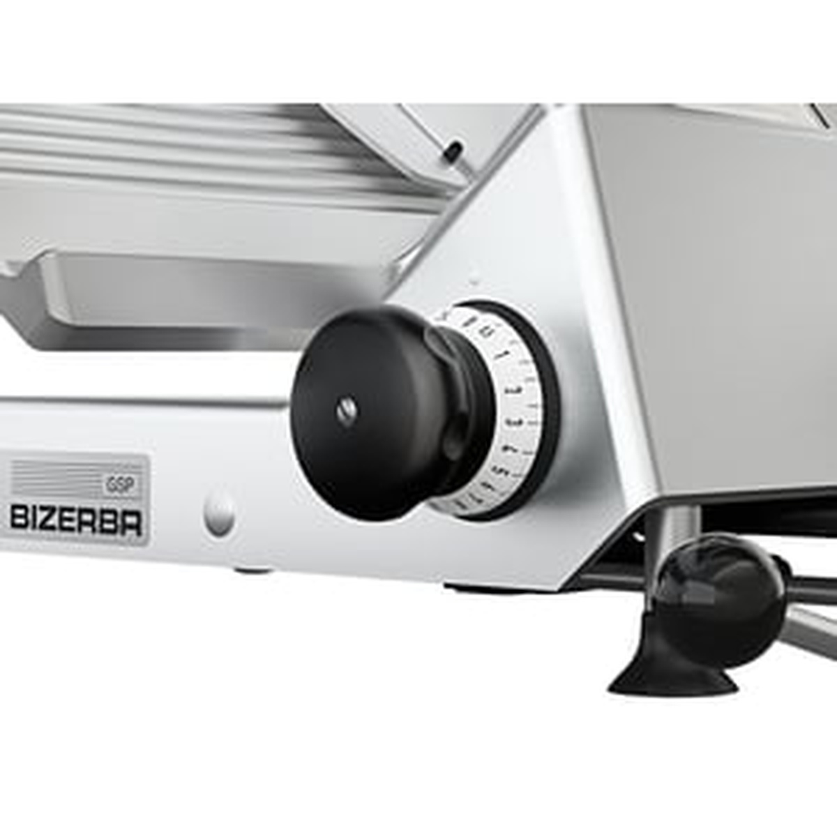 Close-up of slice thickness dial and front control area on Bizerba slicer