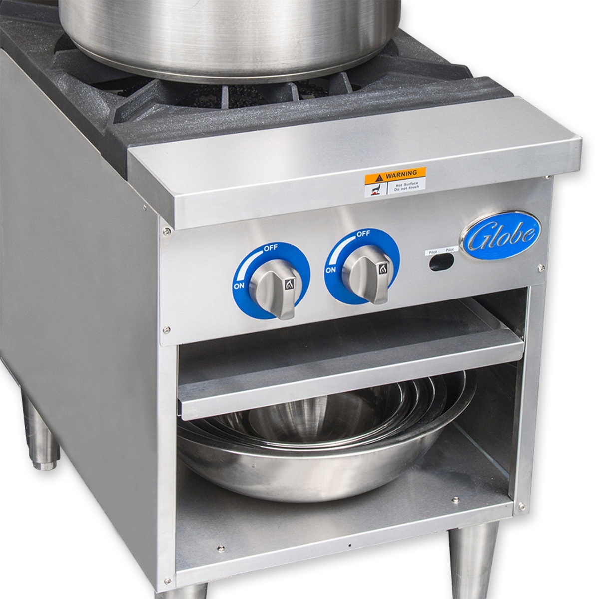 Close-up of Globe GSP18G control panel with dual knobs and open storage base