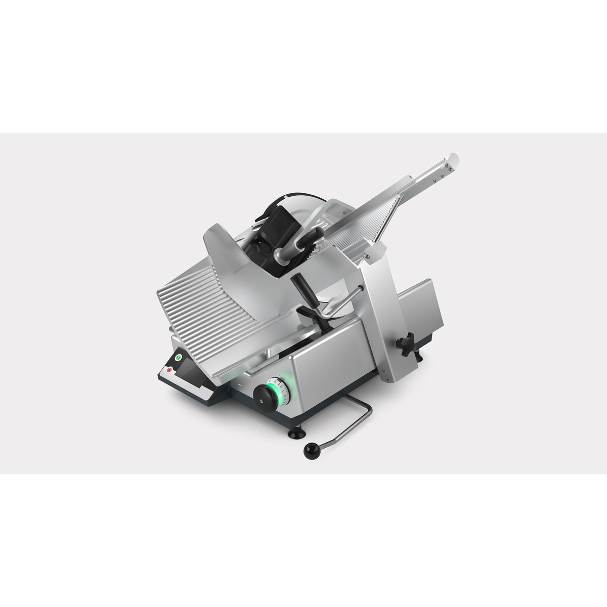 Bizerba GSPH190-POS manual gravity feed meat slicer, rear-angle view highlighting the slice thickness dial and carriage arm