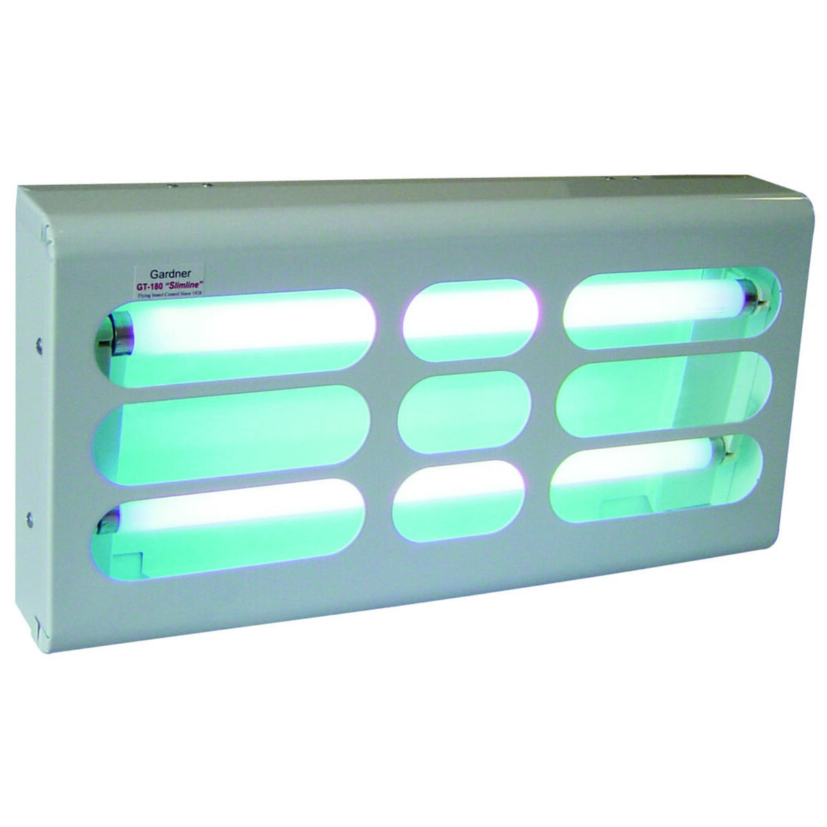 Gardner GT-180S Slimline fly light trap front view with UV lamps illuminated, mounted on plain background