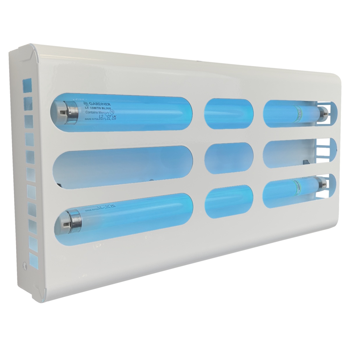 Gardner GT-180S fly light trap front and side angle view showing UV lamps and slotted white carbon steel housing