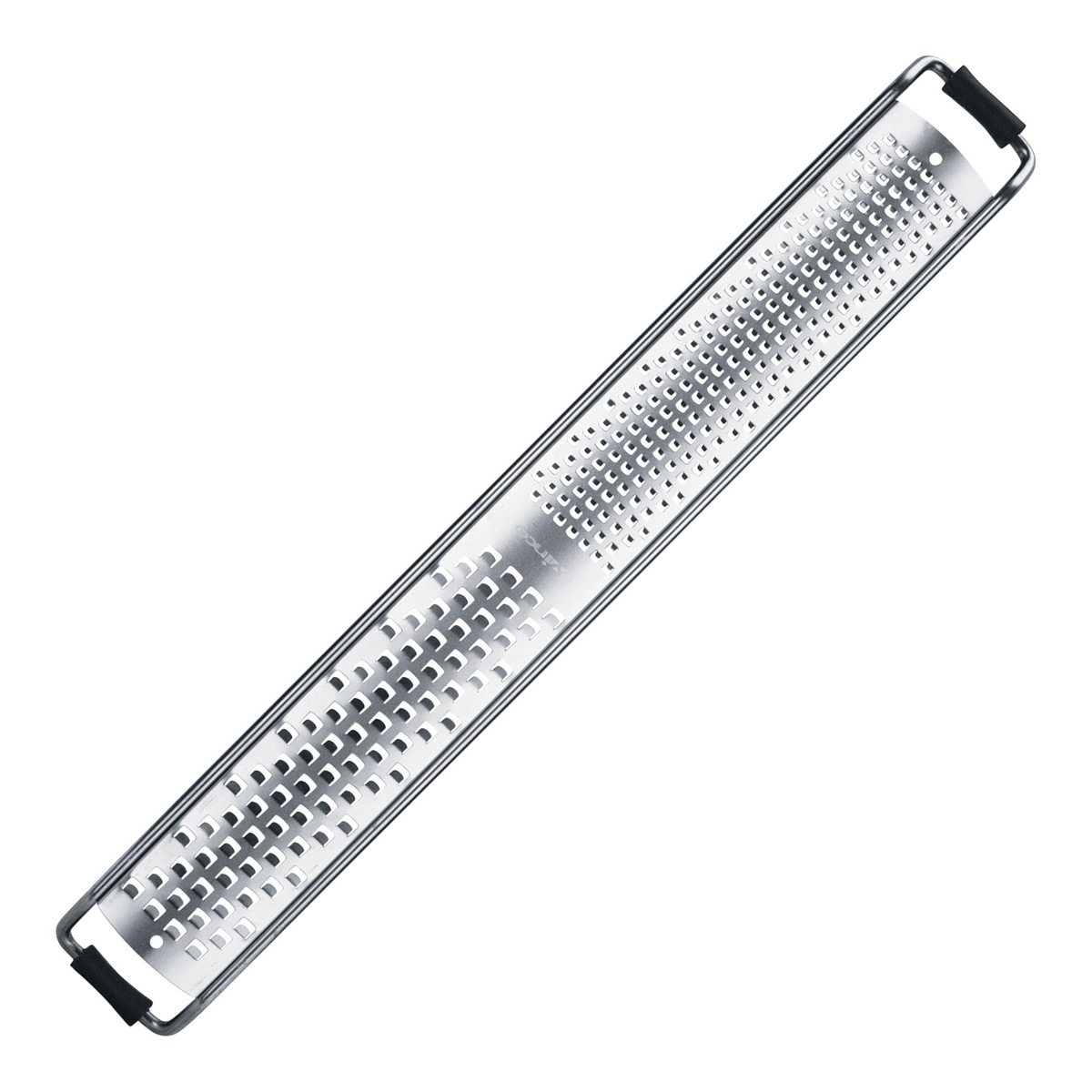 Winco GT-345 grater angled view highlighting the black soft grip handles and anti-slip feet at both ends