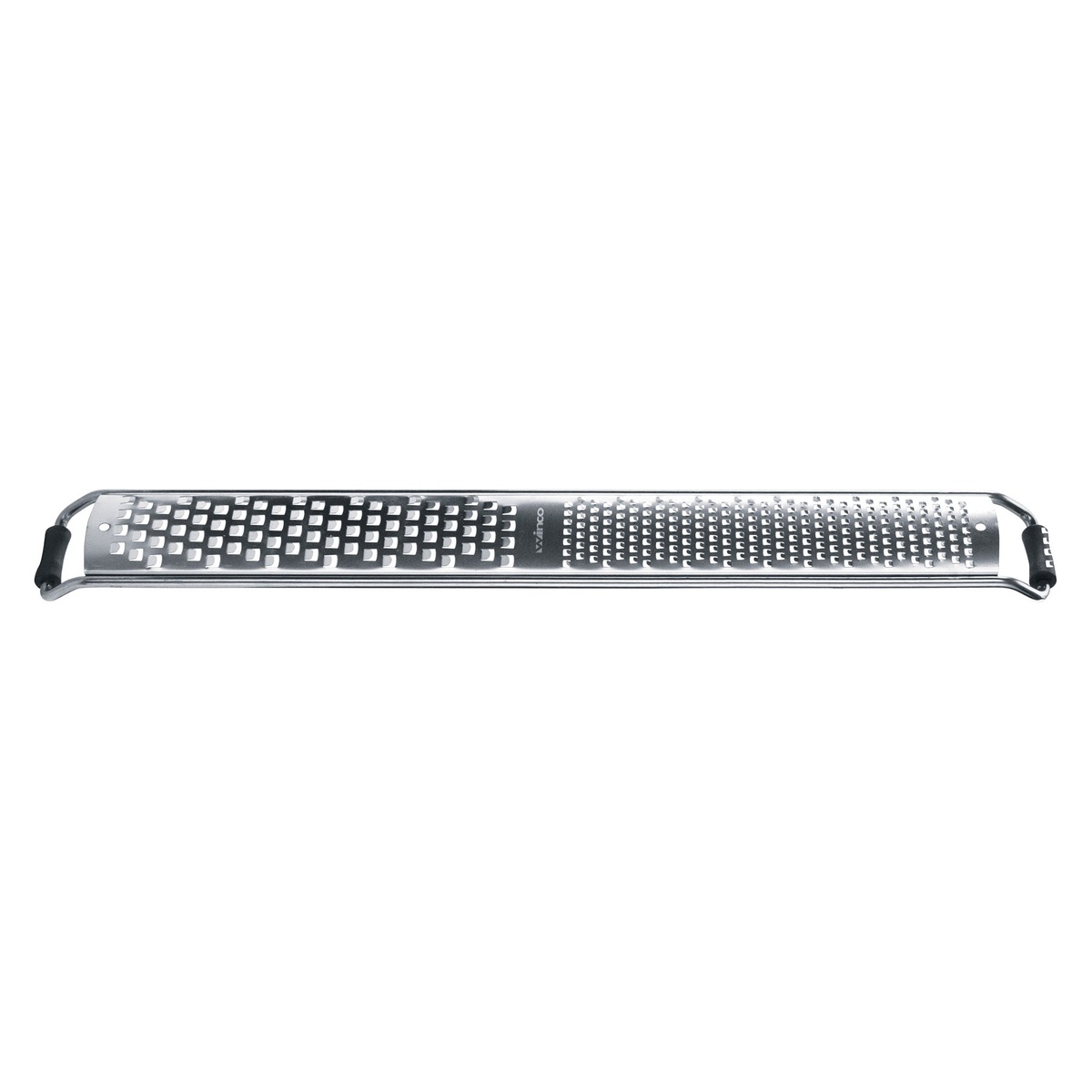 Winco GT-345 flat grater showing half-zester and half-fine blade sections with black soft grip handles on each end