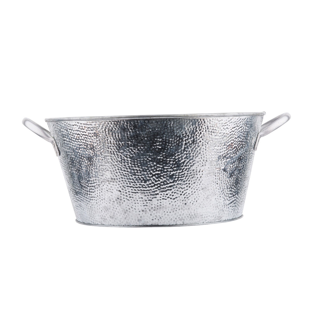 Tablecraft GT1515 galvanized round beverage tub, side profile showing tapered shape and handle detail