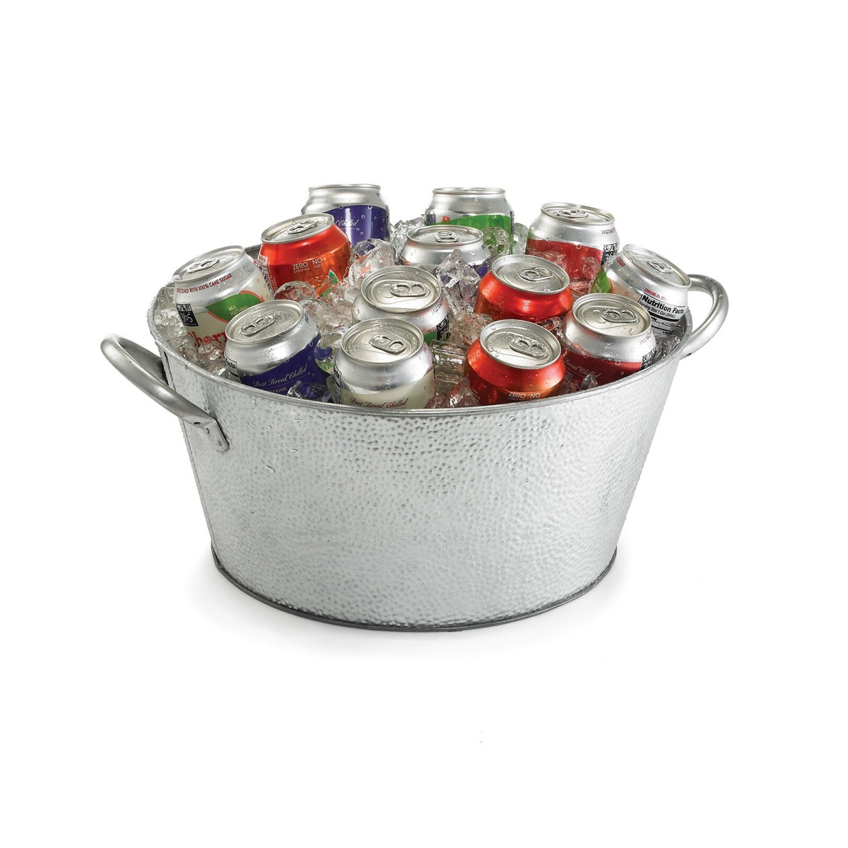 Tablecraft GT1515 galvanized beverage tub filled with assorted canned beverages and ice