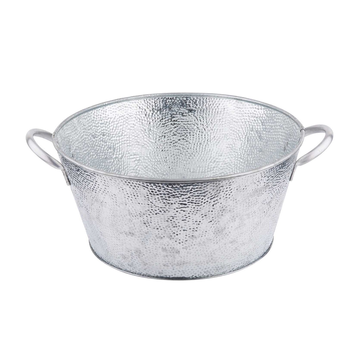 Tablecraft GT1515 galvanized steel round beverage tub with pebble texture and dual handles, viewed from above