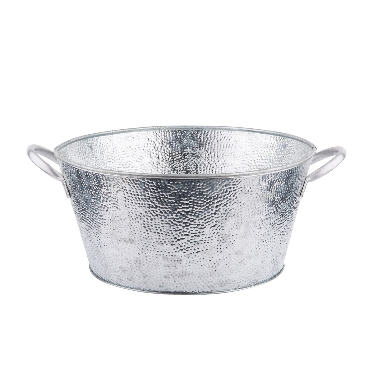 Tablecraft GT1515 galvanized beverage tub, front view showing dual integrated handles and pebble texture
