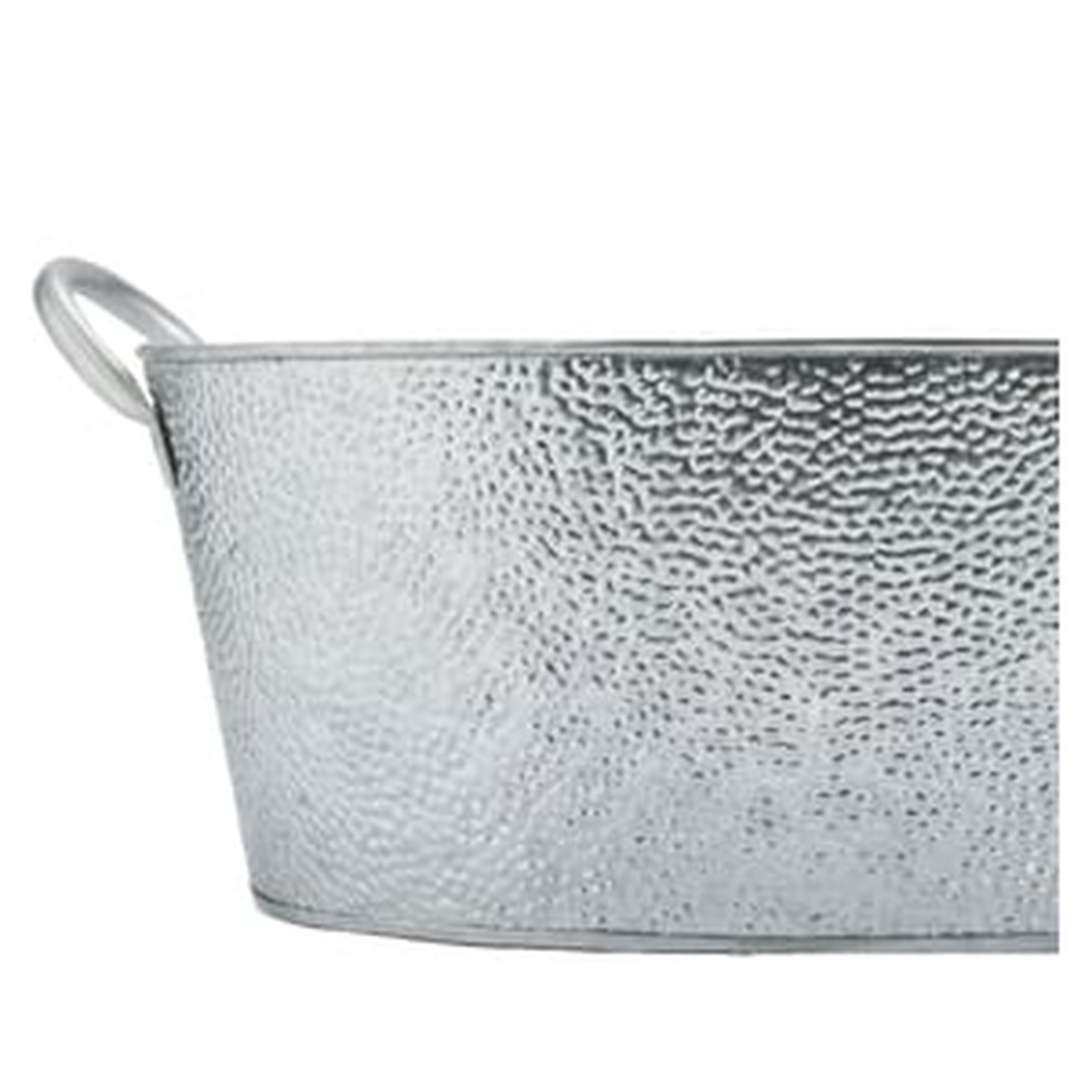 Angled top-view of the TableCraft GT2313 oval galvanized beverage tub showing the open interior and pebbled exterior texture