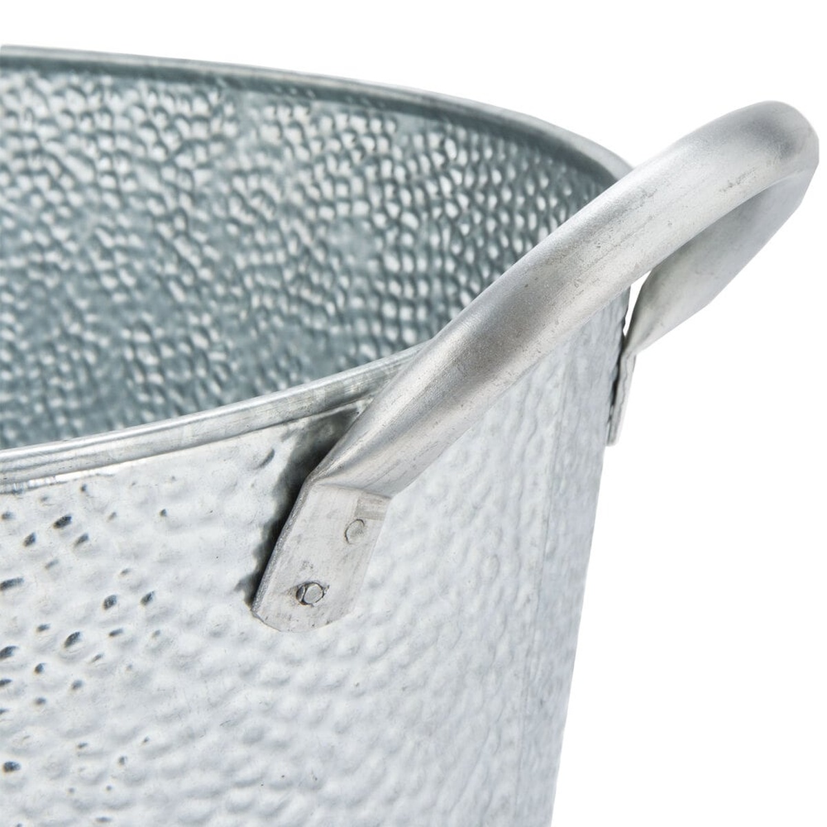 Close-up detail of the stainless steel handle and pebbled galvanized texture on the TableCraft GT2313 beverage tub