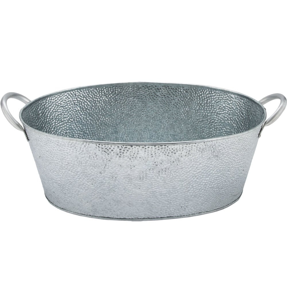 TableCraft GT2313 oval galvanized steel beverage tub with pebbled texture and two side handles, full product view on white background