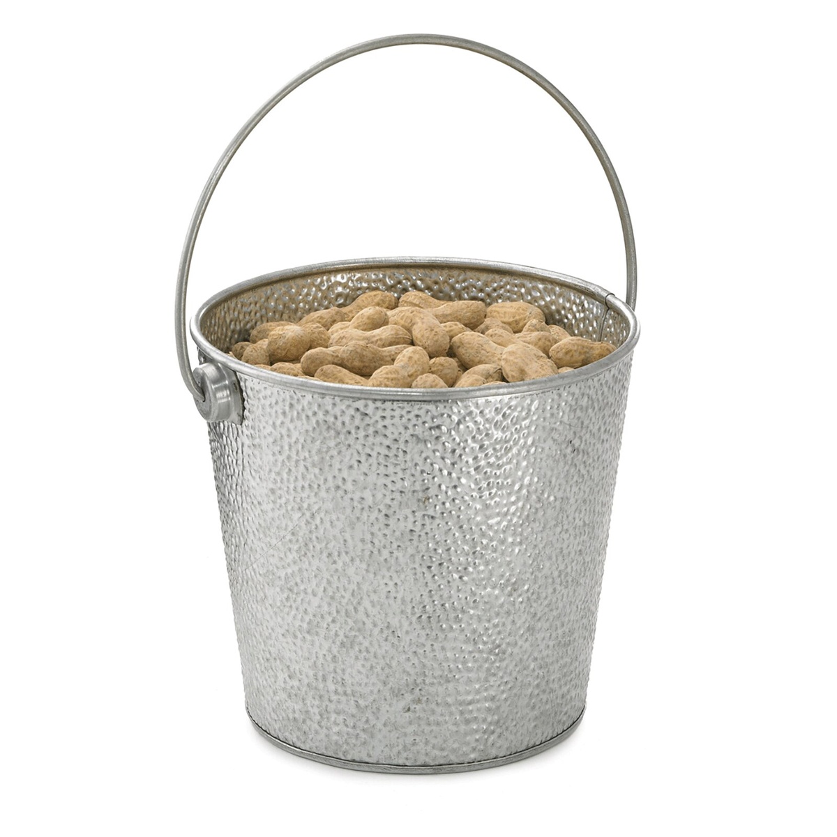 TableCraft GT44 galvanized steel pail with handle filled with whole unshelled peanuts