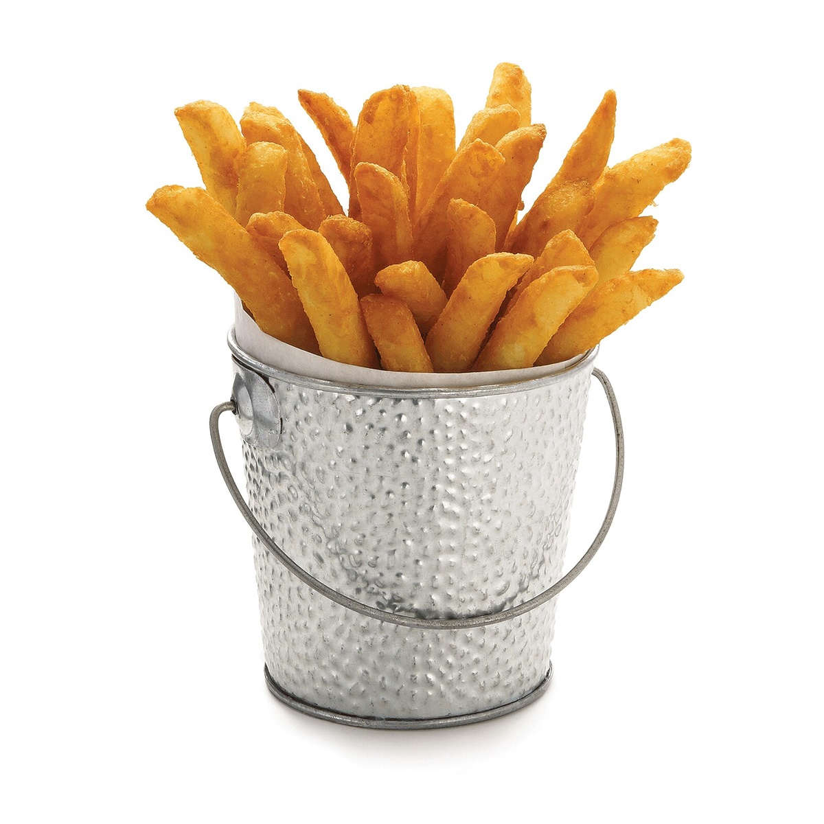 TableCraft GT44 galvanized pail filled with crispy french fries lined with white paper