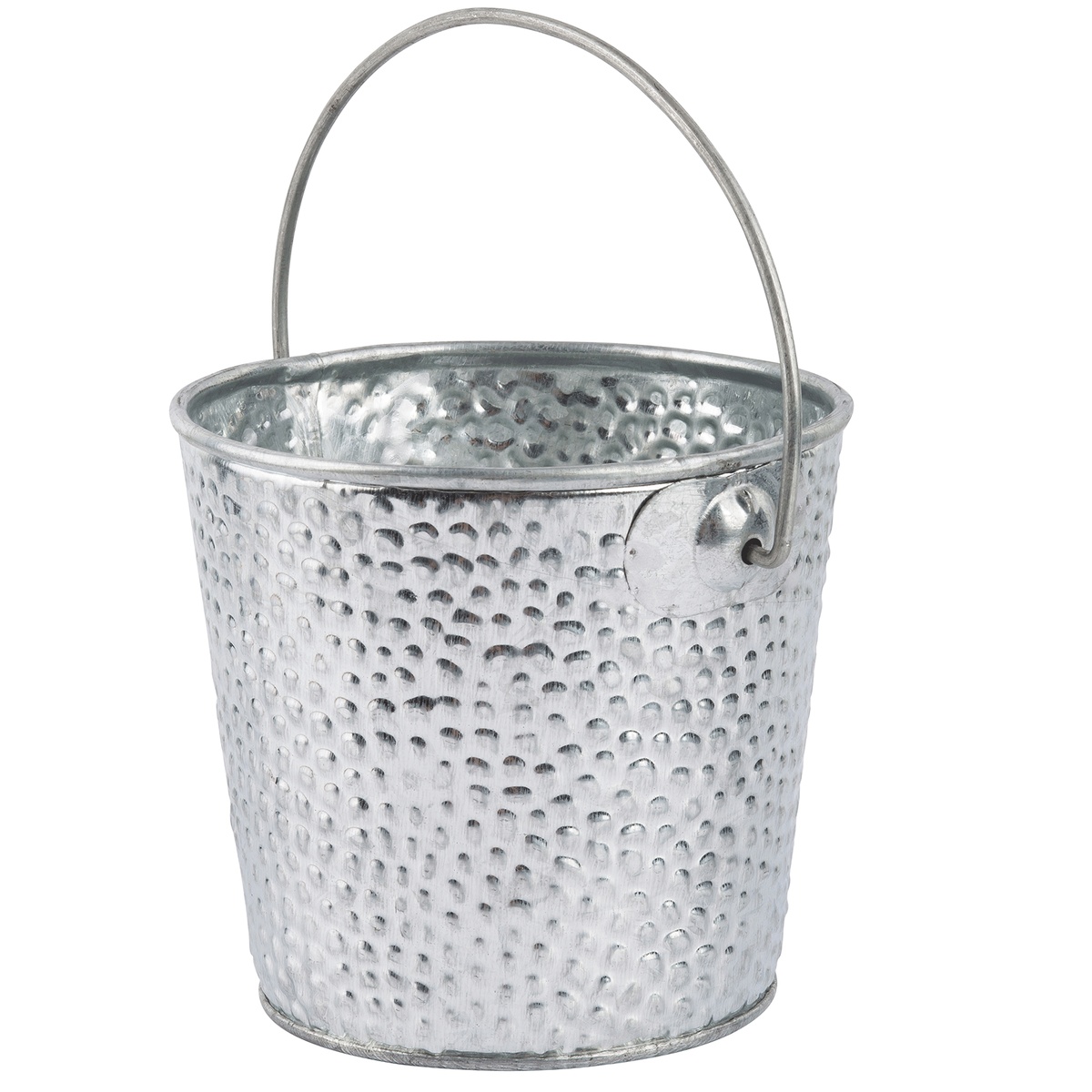 TableCraft GT44 galvanized steel pail with arched wire handle raised upright showing full pebble texture exterior