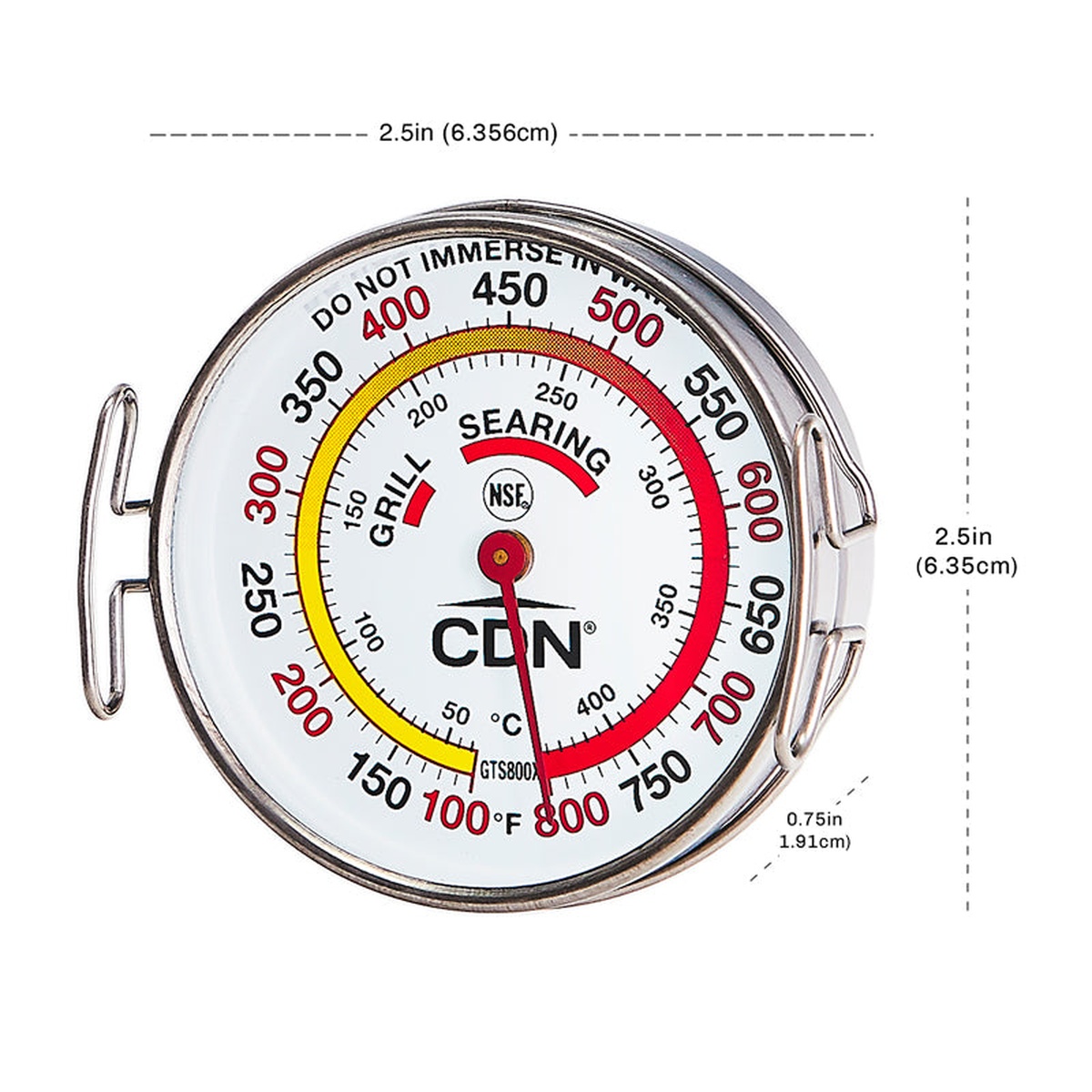 CDN GTS800X Grill Thermometer dimension diagram annotating 2.5 in width, 2.5 in height, and 0.75 in depth with dashed measurement lines
